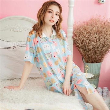 lingling日系 動物笑臉襯衫式連身裙睡衣(全尺碼,共二色)