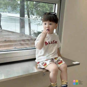 2026新款夏季男女童卡通印花白色百搭T恤短袖中小童舒適兩件套裝男女童夏季百搭休閒套裝 男女童洋氣薄款兩件套