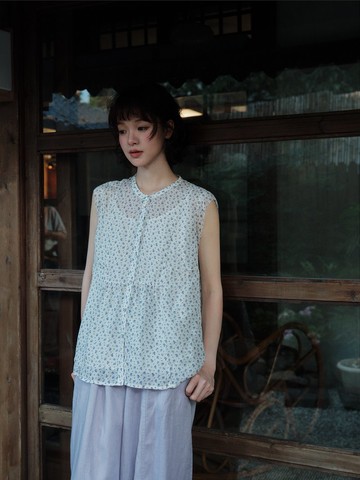 碎花苧麻小衫無袖上衣圓領