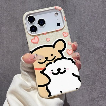 愛心線條小狗 iPhone17手機殼 蘋果16plus大孔皮紋 15pro軟殼 14 13 12 11日常防撞防摔手機殼