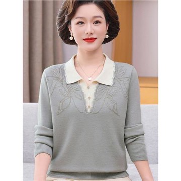 媽媽裝春秋季打底衫翻領寬松上衣中老年女裝冬裝針織毛衣洋氣套裝