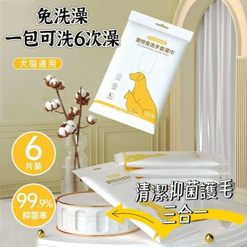 🔥24小時出貨 寵物免洗手套濕巾 貓咪洗澡 狗狗洗澡 亮澤毛髮 除臭乾淨 單片裝 6片裝