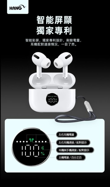 HANG獨家專利 顯示型無線充電藍牙耳機 HiFi高音質/ANC降噪/無線充電