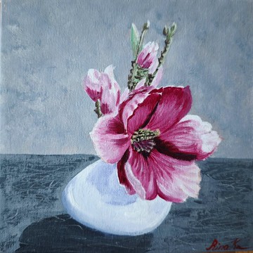 花瓶中的粉紅色木蘭花原創裱框藝術手繪 由 RinaArtSK 繪製