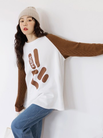 棉質立體織紋拉克蘭袖印花上衣