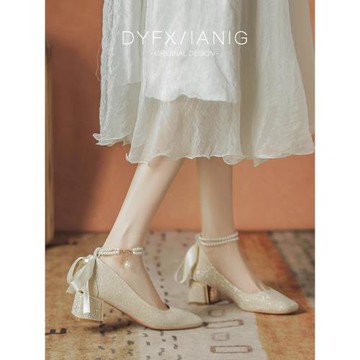 法式氣質春單鞋女秋方頭溫柔晚晚風高跟粗跟瑪麗珍婚鞋新娘伴娘鞋