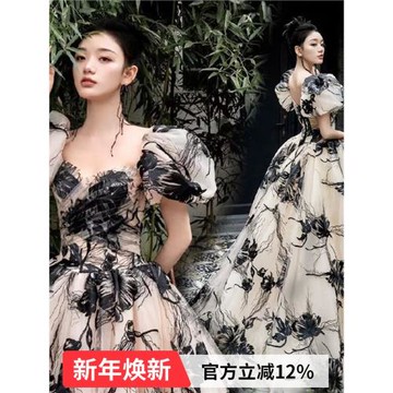 高貴復古泡泡袖生日藝考晚宴年會主持人大合唱演出禮服批發 19670