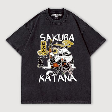 和風日本武士 全身刺青的貓大人 男女款做舊水洗純棉落肩短T 台灣獨家日式貓咪短T