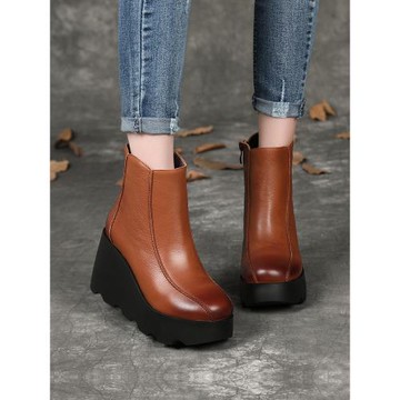 馬丁靴女2024秋冬新款真皮坡跟厚底加絨短靴防水臺圓頭休閑單靴