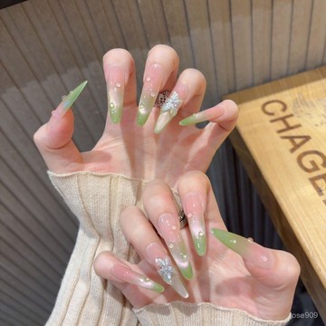 ✨Hannah✨芭樂貓眼穿戴甲純手工簡約綠色溫柔裸色腮紅美甲成品重複拆卸純手工穿戴甲 HE1K