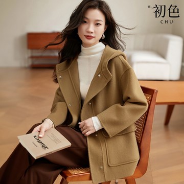 初色 純色雙口袋保暖連帽毛呢大衣外套女外套-駝色-38621(M-2XL可選)