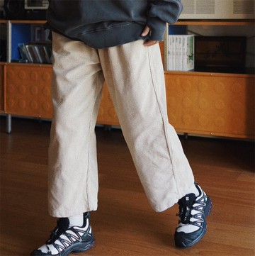 米白燈芯絨 鬆緊腰男女同款 寬鬆休閒秋冬工裝褲 直筒褲