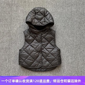 出口品牌單 女童超輕棉馬夾菱形格短款連帽寬松休閑百搭舒適坎肩