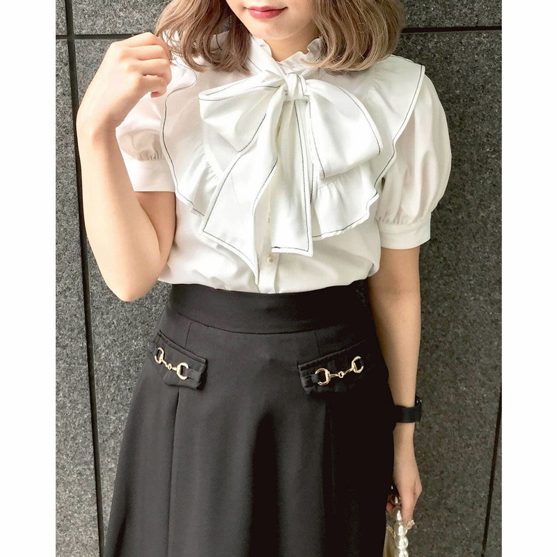 イング Ingni 配色リボンブラウス オフホワイト クロ 通販 Lineポイント最大2 0 Get Lineショッピング