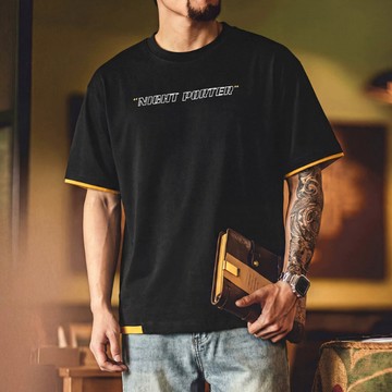 Wuluwear 黑色大尺碼短袖T恤男2026夏季新款廓形純棉短袖美式假兩件印花上衣
