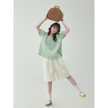 「北島AMUU原創」清新黃綠格方領泡泡袖襯衫女夏季新款肌理感上衣