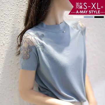 加大碼T恤 優雅刺繡網紗冰絲感顯瘦針織衫上衣(S-XL)【XAM250327】＊艾美時尚(現+預)