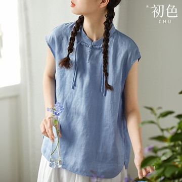 初色 新中式寬鬆盤扣立領無袖襯衫上衣女上衣-共3色-35775(M-2XL可選)