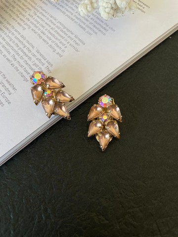 古董金色透光塑料粉紅夾式耳環 VINTAGE C486