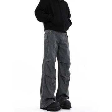 小眾潮流復古褶皺工裝休閒褲男秋冬微喇叭多口袋褲子男