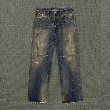 WIROTE威絡新款自然貓須破壞磨破油污刺子古布補丁水洗赤耳牛仔褲