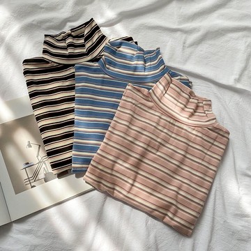 撞色條紋長袖針織打底衫女早秋新款高領內搭修身體恤上衣服