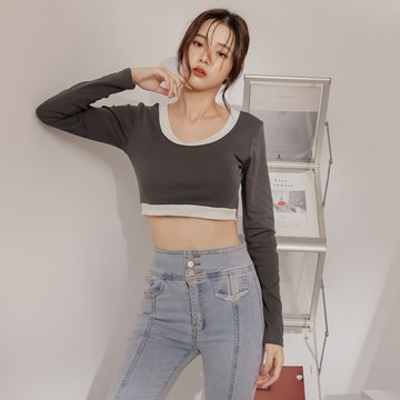 配色圓領短罩杯T-深灰【KT223429】