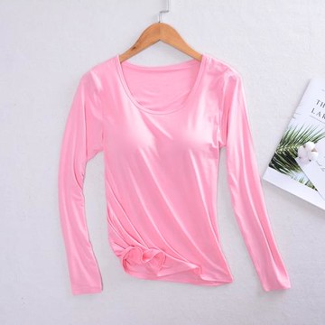 純棉帶胸墊長袖上衣秋衣女莫代爾免文胸罩杯一體大碼睡衣打底衫冬