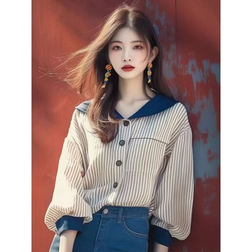 秋天衣服  設計感女裝  新款襯衫爆款 小眾別緻 高級感 韓系 減齡杏色海軍領  條紋襯衫