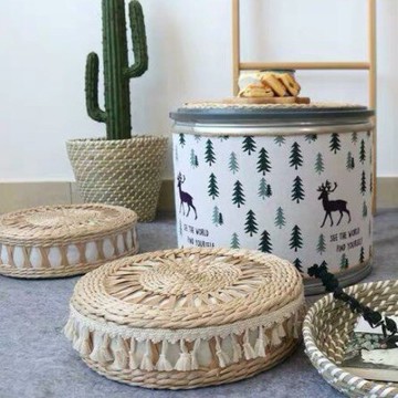 北歐手工草編坐墊 日式榻榻米坐墊拜彿修纏打坐冥想坐墊花邊睇墊加厚編織竹編坐墊和式椅墊野餐墊椅