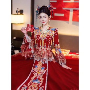 重工秀禾服婚服高端大碼顯瘦新娘服絲絨結婚中式婚紗出嫁禾秀服女