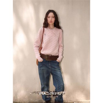 韓版氣質圓領絞花刺繡針織衫女秋冬款慵懶風毛衣顯瘦百搭套頭上衣