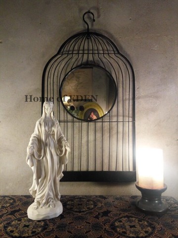 【瑕疵】Vintage復古意大利仿古黑色做舊鐵藝鳥籠壁掛裝飾鏡子1入