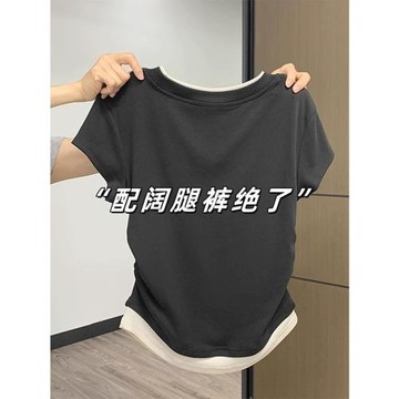 冰絲針織短袖T恤女夏季薄款設計感露肩寬松圓領半袖體恤獨特上衣
