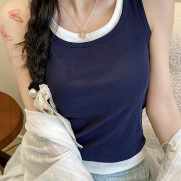 純棉假兩件春夏季打底小吊帶背心女內搭修身外穿辣妹修身無袖上衣