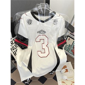 美式復古印花V領球衣白色短袖T恤男女運動風潮牌拼接寬松休閑上衣