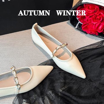 法式小香晚風尖頭單鞋女淺口2023新款秋冬鞋子平底溫柔配裙子瓢鞋