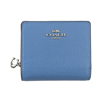 COACH泳池藍荔枝紋皮革C字拉鍊袋釦式雙摺短夾