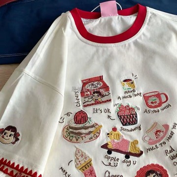 🎀biubiu童裝🎀【重工刺繡】夏季純棉卡通短袖T恤男童女童寬鬆可愛撞色拼接上衣