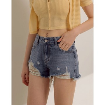 AIR SPACE 低腰刷破抽鬚水洗牛仔短褲(藍/淺藍) 女裝 現貨