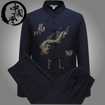 中國風男士唐裝男長袖中老年加肥加大爸爸裝中式襯衫開春薄款套裝