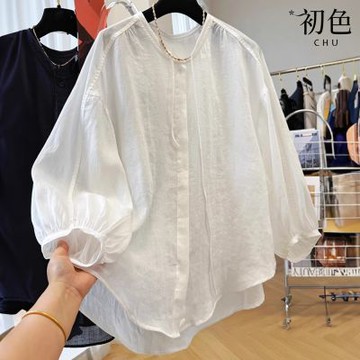 初色 日系棉麻風純色圓領寬鬆薄款單排釦長袖襯衫上衣女上衣-共2色-14316(M-2XL可選)