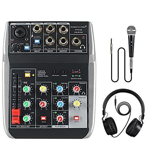 Phenyx Pro USB Audio Interface Audio Mixer Bundle, 4-Input, 3-Band EQ,