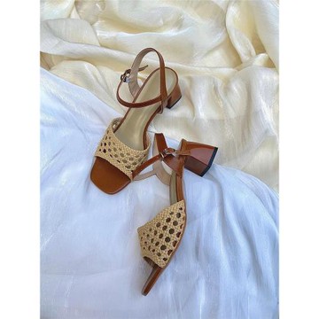 羊皮版~文藝復古編織鏤空一字涼鞋女夏外穿粗跟高跟羅馬風涼鞋