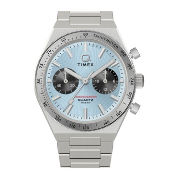 【TIMEX】天美時 Q Timex 36毫米 雙眼 藍色錶盤 不鏽鋼計時碼錶(藍x銀 TXTW2Y92400)