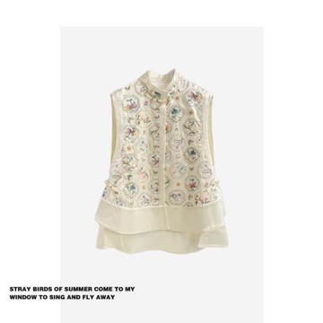 拉夏貝爾清風白茶新中式重工繡花國風復古無袖馬甲外套女2025新款