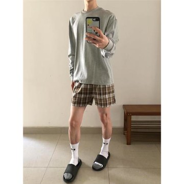 夏天薄款針織格紋拳擊短褲阿羅褲可外穿寬松休閑三四分沙灘褲