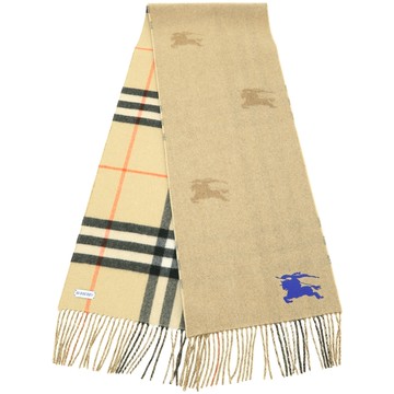BURBERRY 巴寶莉 100%喀什米爾戰馬刺繡格紋雙面羊絨圍巾(168x30CM/卡其)
