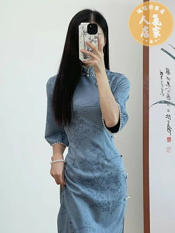 旗袍 旗袍洋裝 洋裝 藍色倒大袖旗袍新款新款日常改良大碼中袖秋冬款復古民國風