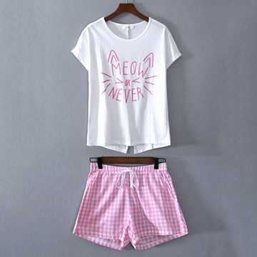 夏款女裝兩件套套裝字母印花T恤格子短褲休閑褲子休閑
